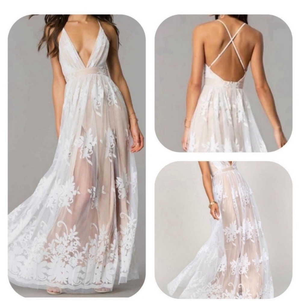 Luxxel white beige Maxi Dress Size S with Laced Flower Detail